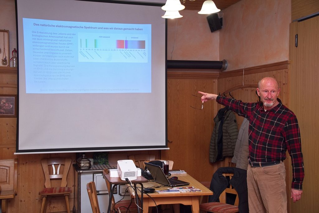 Manfred Schluttenhofer zeigt auf die Projektionsleinwand, wo es um das natürliche elektromagnetische Spektrum geht